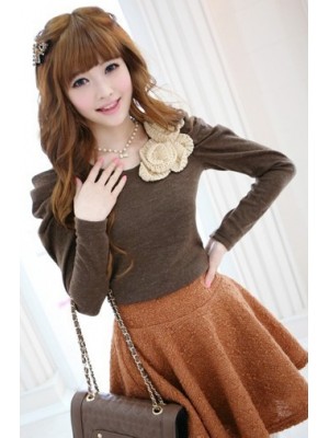 XC1157*Floral-Detailed Coffee Knitted Top